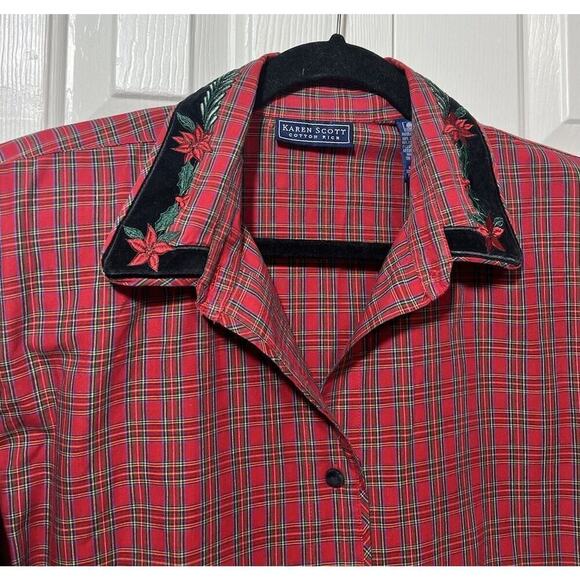 Vtg Karen Scott Red Green Tartan Plaid Velvet Trim Poinsettia Collar Shirt Sz L - Picture 3 of 9